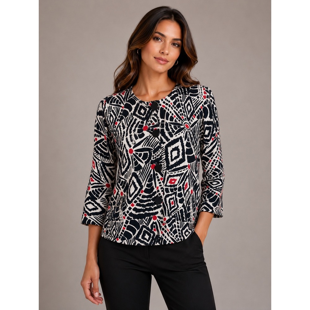 Cable & Gauge Womens Black White Red Geometric 3/4 Sleeve Cardigan Sweater S